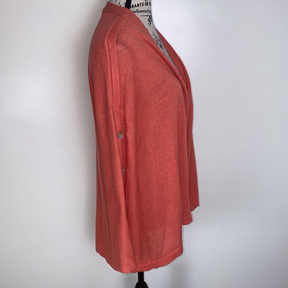Soft Surroundings Cardigan Large Pinkish Orange One-Button Crochet Open Knit - Picture 2 of 10